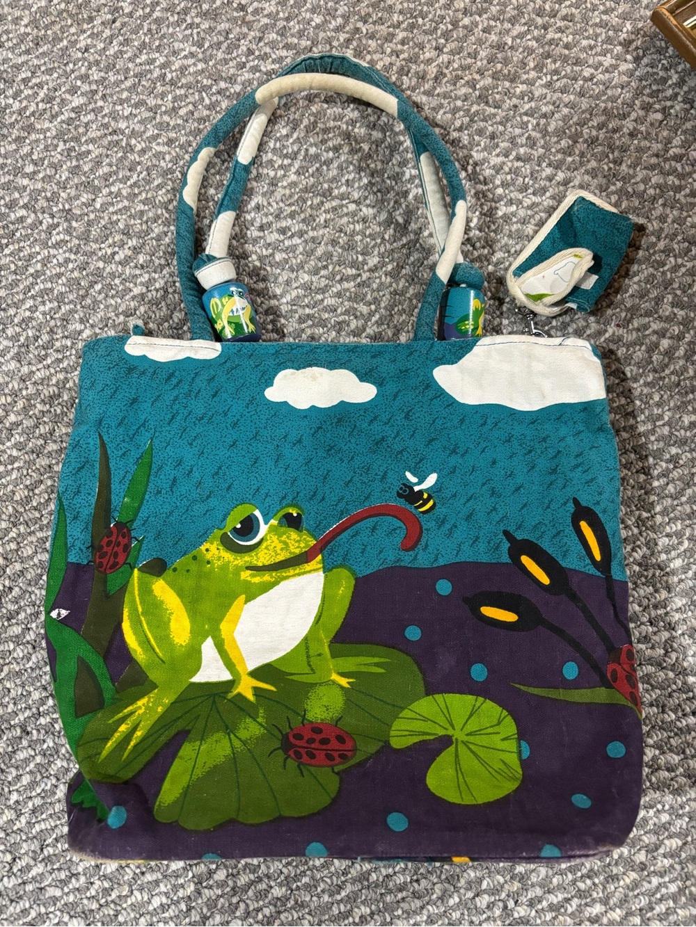 Whimsical Frog Pond Tote Bag in Teal & Purple